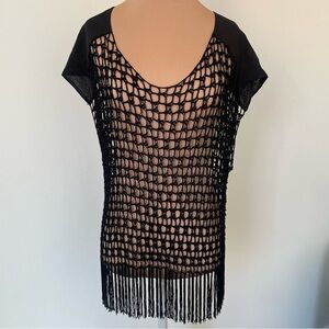 Burning Torch Black Silk Open Weave Fringe Shell Blouse NWT Size Medium/Large